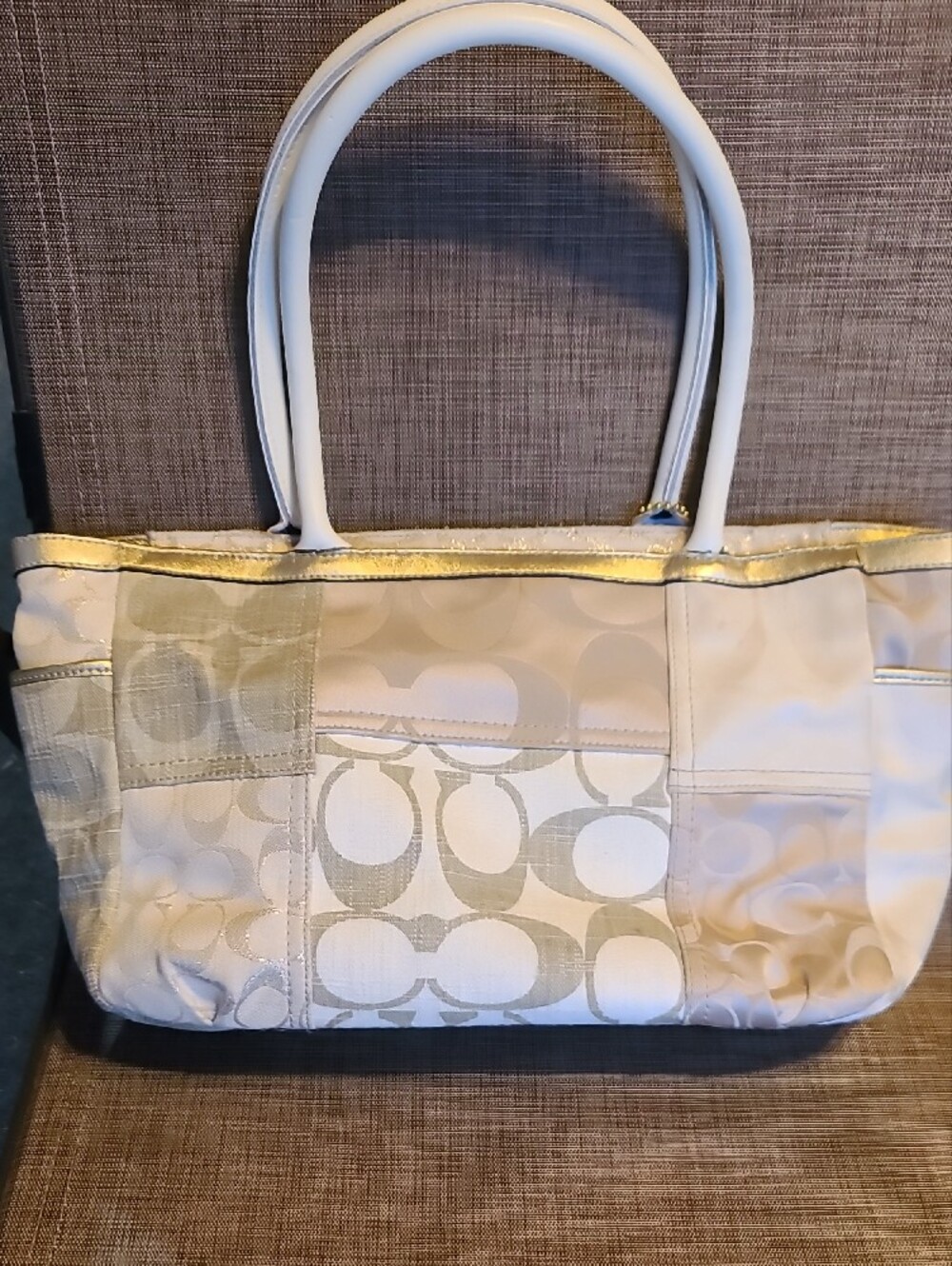 Coach Cream Signature Patchwork Shoulder Bag with Gold Accents - Picture 2 of 16